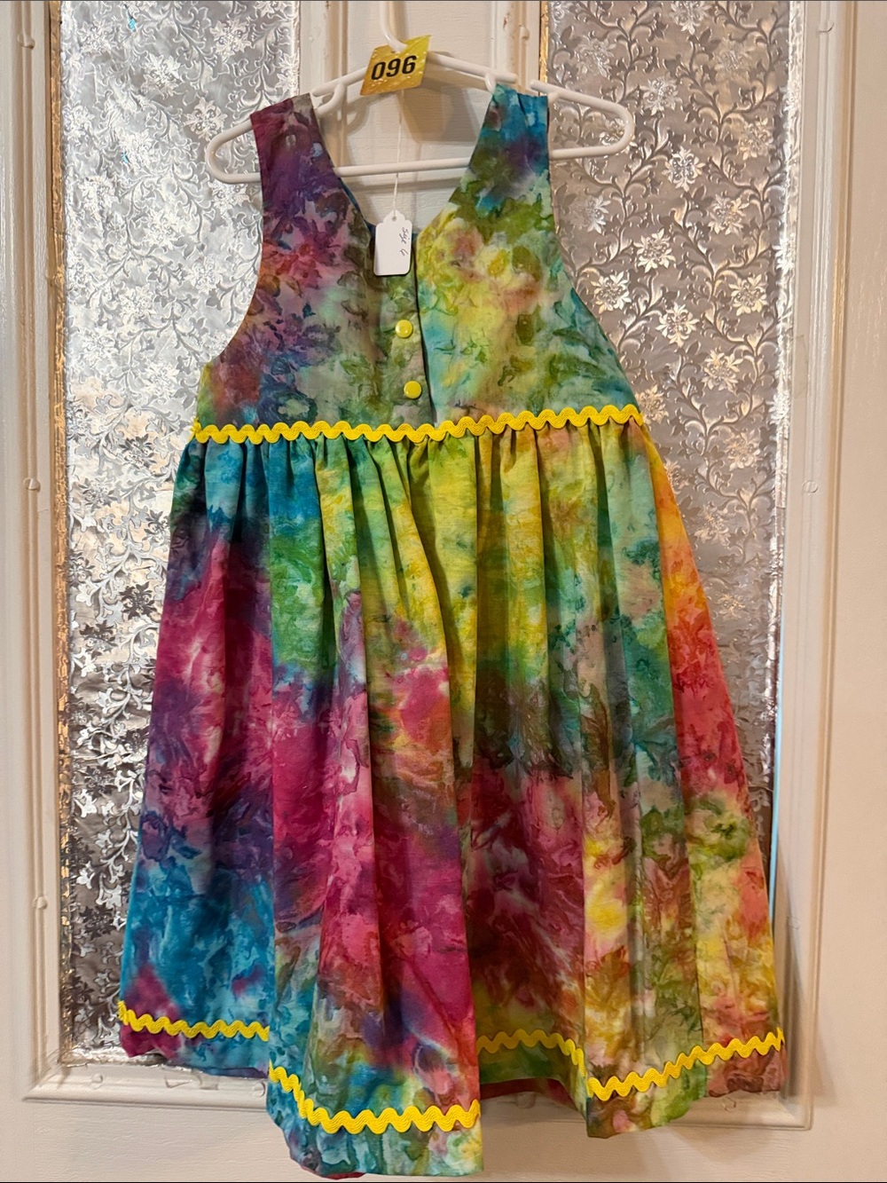 Tie-Dye Rainbow Sleeveless Girls' Summer Dress with Yellow Trim